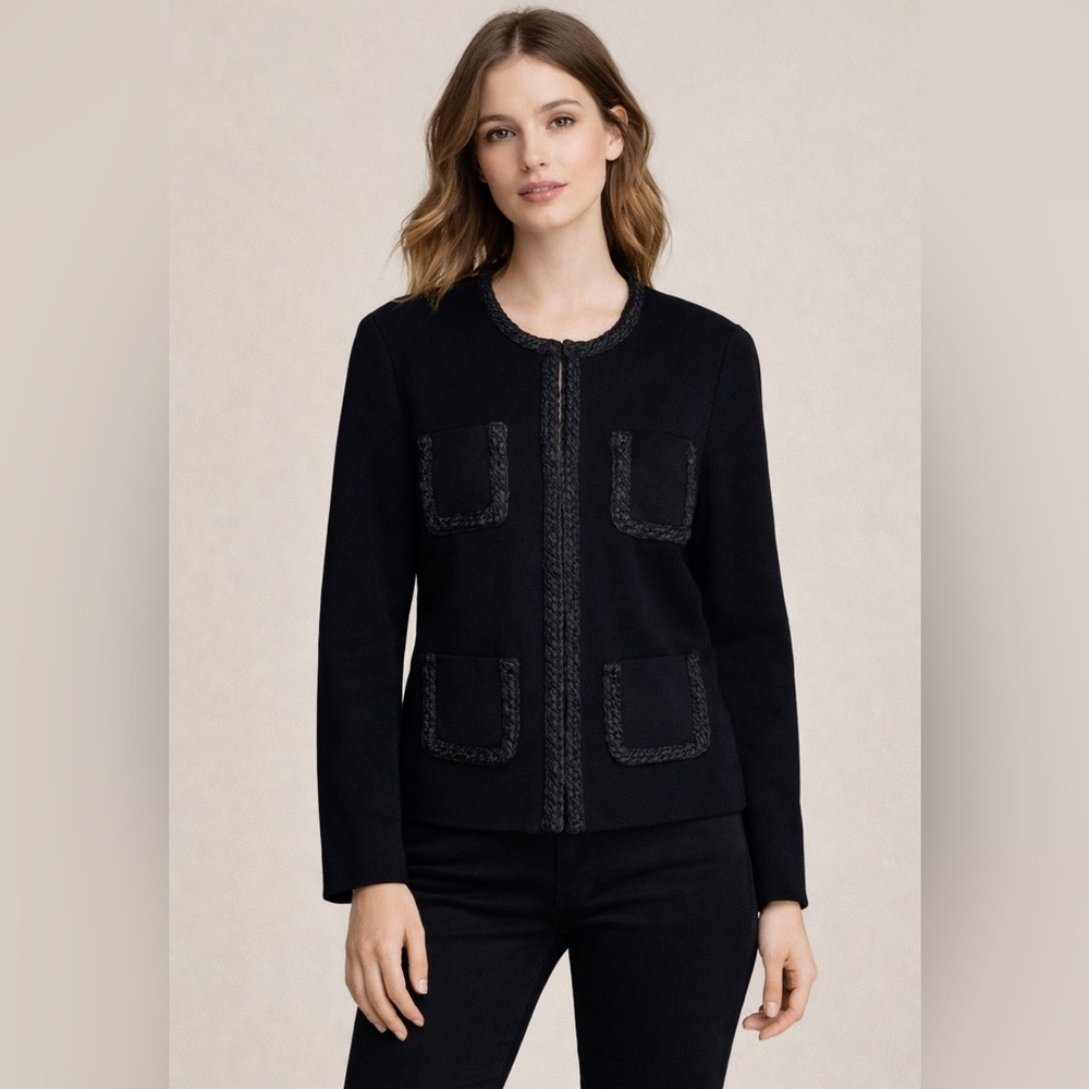 J McLaughlin Fanning Jacket Small Black Braided Trim Pockets Old Money Classic - Picture 1 of 10